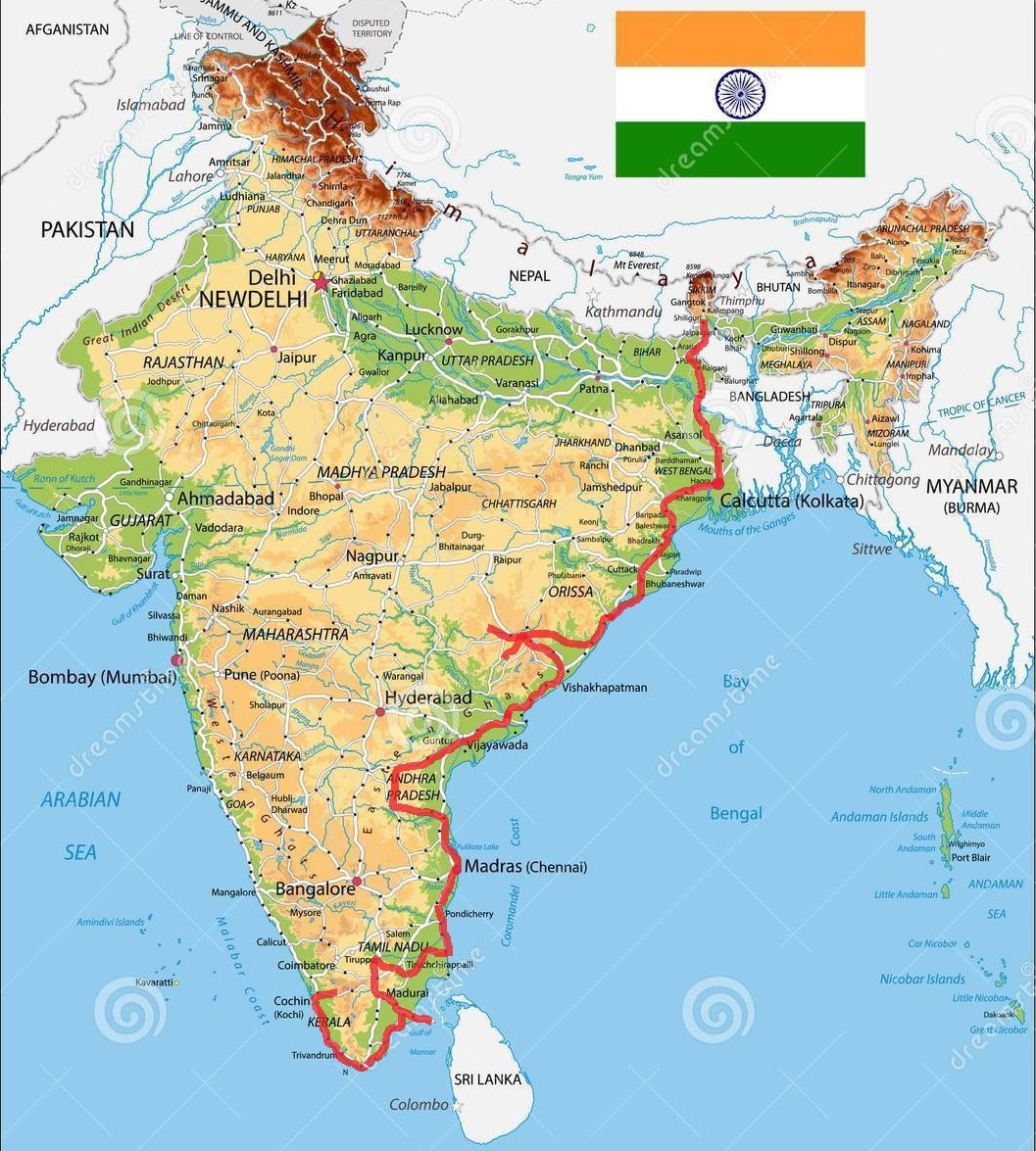 Mapa Indii z wyznaczoną trasą